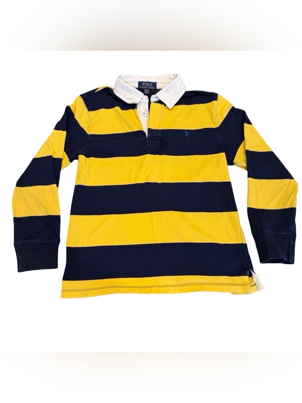 Polo Ralph Lauren Boys Rugby Shirt Yellow Navy Stripe Long Sleeve Size M 10–12